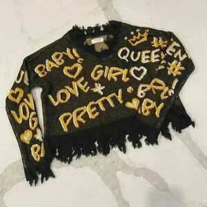 Full Circle Trends Cropped Frayed Knit VNeck Sweater Pretty Print Women's Medium